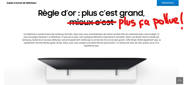 Sur son site web, l'entreprise Samsung incite les consommateurs à choisir des modèles d'écrans géants... qui participent à aggraver la pollution numérique
